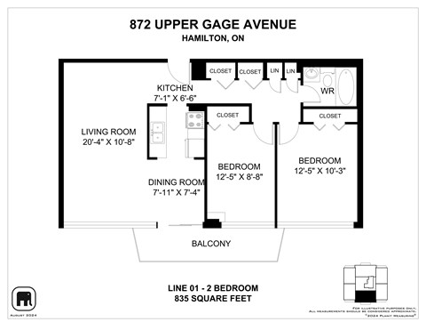 Floor plan for 2 beds, 1 bath, 835 sqft